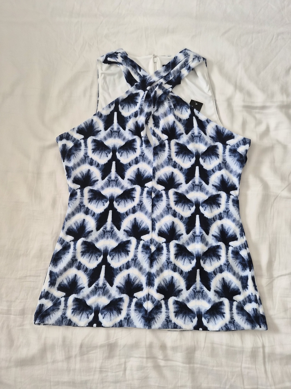 White House Black Market Navy and White Tie-Dye Crisscross Halter Tank